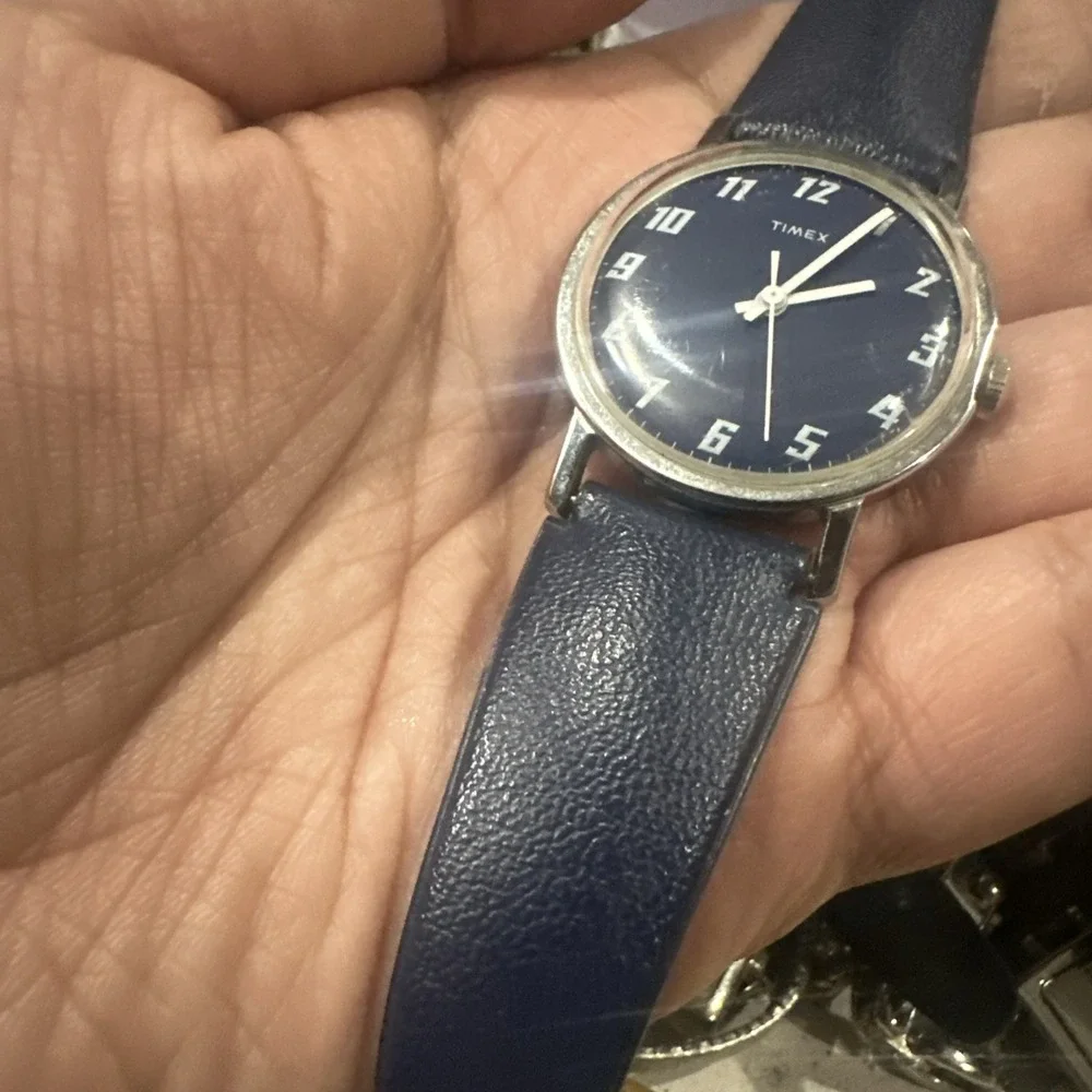 Working Vintage 1976 TIMEX Mens Blue Manual Wind 34mm Watch Blue Strap Rare Runs